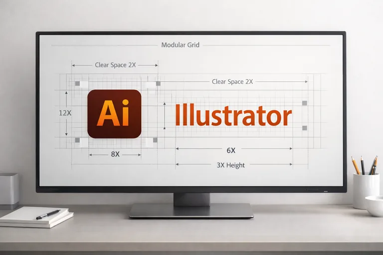 İkon ve logotype arasında güvenli alanın modül ölçüsüyle tanımlandığı düzen ve boşluk işaretleri