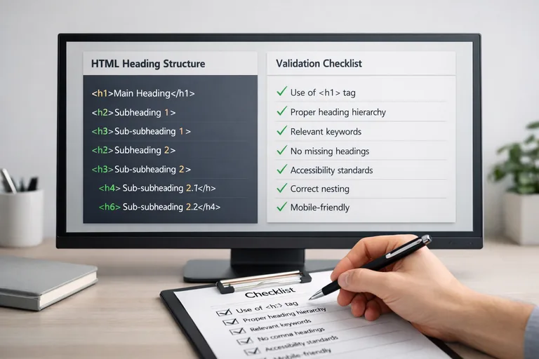 Dizüstü bilgisayar ekranında HTML başlık yapısı ve kontrol listesi yan yana açık, notlar alınmış halde duruyor
