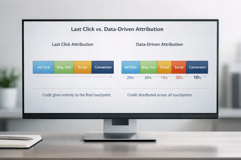 Ekranda last click ve data-driven sonuçlarını yan yana gösteren iki grafik ve altında kısa yorum satırları
