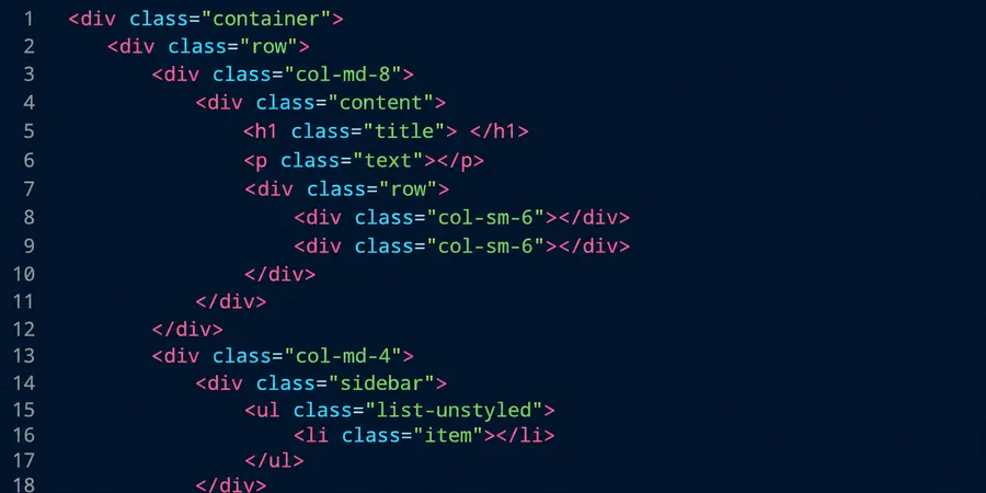 Container row col Bootstrap grid kod örnek görünümü Dark theme kod editör penceresinde div container row col-md HTML grid yapısının syntax highlighted gösterildiği örnek