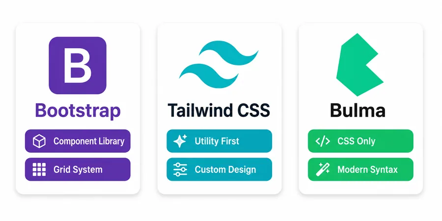 Bootstrap Tailwind Bulma üç framework yaklaşım kıyas paneli Bootstrap Tailwind ve Bulma logoları yan yana üç kart üzerinde framework yaklaşım etiketleriyle dizildiği karşılaştırma paneli