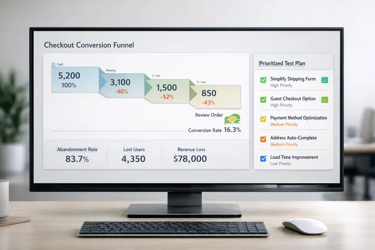 Funnel raporunda checkout adımlarına göre düşüşleri gösteren grafik ve yanında test planı listesi olan ekran