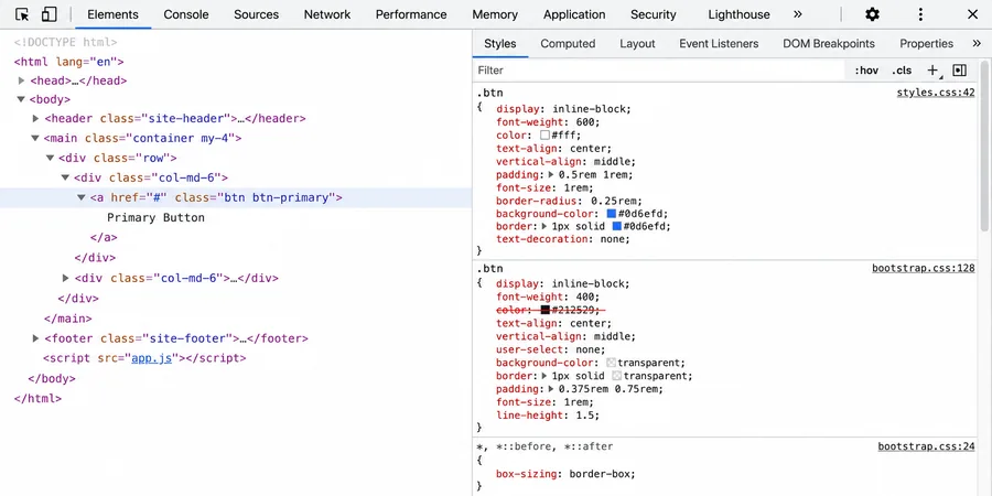 Chrome DevTools Styles paneli ezilmiş kural görünümü Chrome DevTools Styles paneli ezilmiş üstü çizgili CSS kuralları ve daha spesifik kuralın uygulanmış halde gösterildiği inspector görünümü