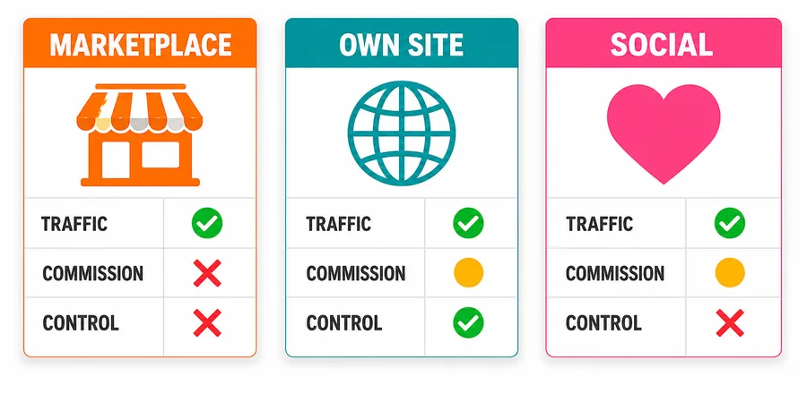 Üç ana e-ticaret kanalı pazaryeri turuncu storefront kendi site mavi globe ve sosyal medya pembe kalp ikonları karşılaştırma kartlarında