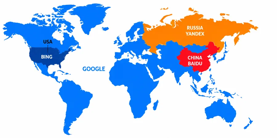 Bölgesel arama motoru liderliği düz dünya haritası Düz dünya haritası üzerinde bölgesel arama motoru liderliği Çin Baidu mavi Rusya Yandex kırmızı diğer ülkeler Google mavi ve ABD Bing payı renk kodlu