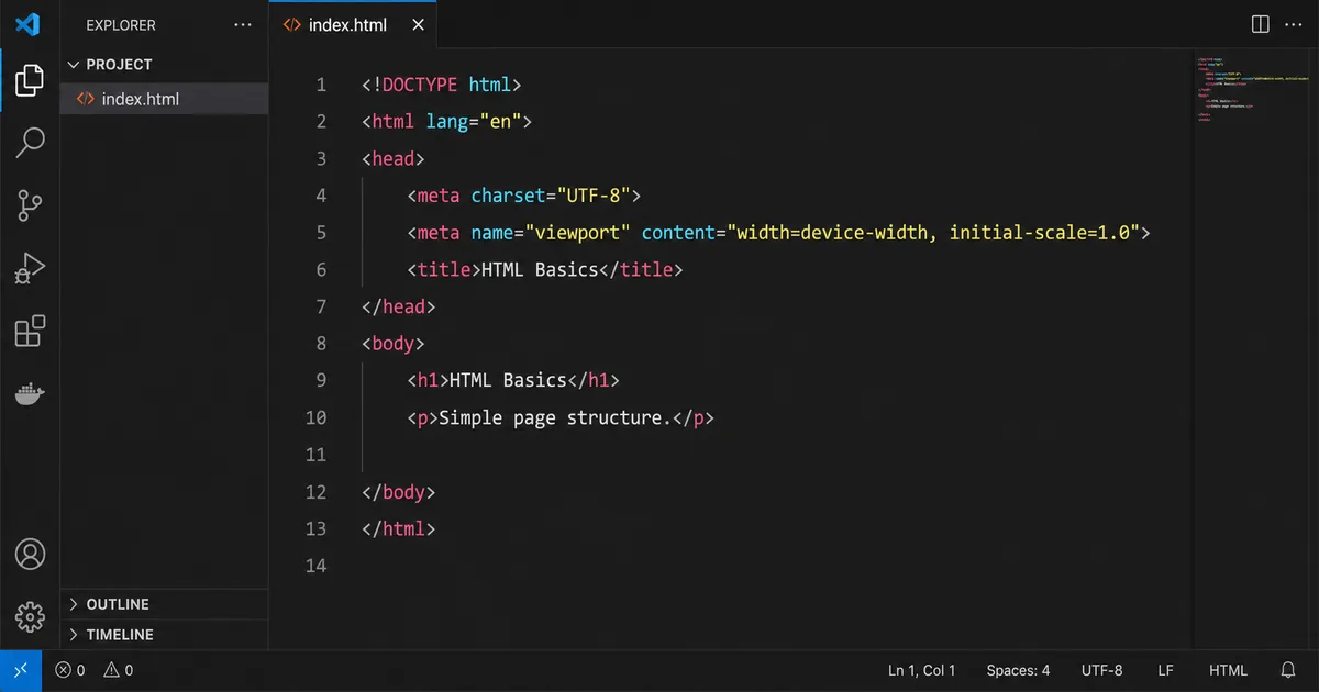 VS Code HTML iskelet kod editörü VS Code dark theme editör penceresinde HTML iskelet kodu doctype html head meta title body etiketleriyle syntax highlight ve line numbers