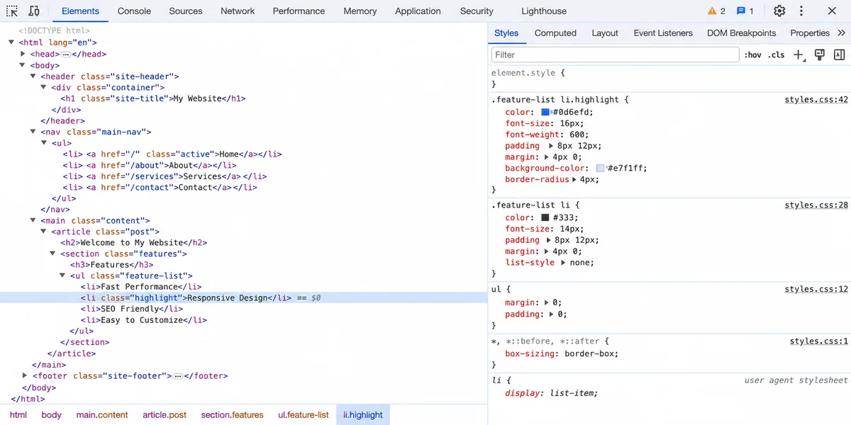 Chrome DevTools Elements paneli HTML inspect Chrome DevTools Elements paneli inspect element açık halde HTML DOM ağacında h1 p ul li etiketleri vurgulanmış Styles paneli sağda