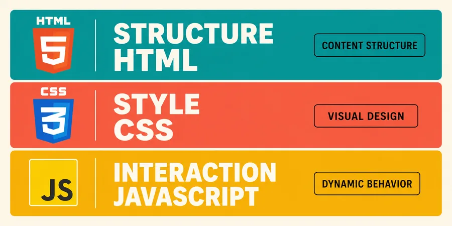 HTML CSS JavaScript üç katmanlı diyagram her katman farklı renk teal coral amber etiketli STRUCTURE STYLE INTERACTION görev tanımıyla yan yana