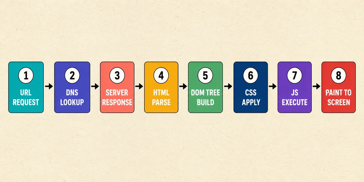 Tarayıcı HTML render süreç akışı Browser rendering süreç akış diyagramı URL request DNS HTML response parse DOM tree CSS apply paint sekiz aşama numaralı kutular ok ile bağlı