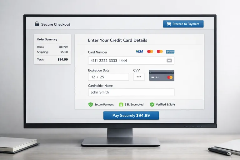 Online ödeme ekranında kredi kartı bilgilerini giren kullanıcı ve güvenli ödeme simgeleri bulunan alışveriş süreci