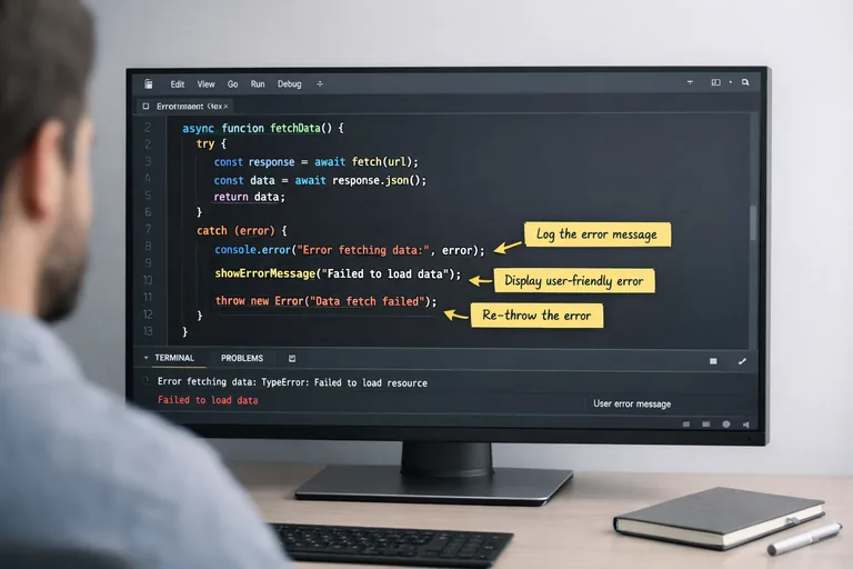 Kod editöründe try catch blokları ve yanında notlarla hata mesajlarının bağlamla zenginleştirilmesinin planlanması