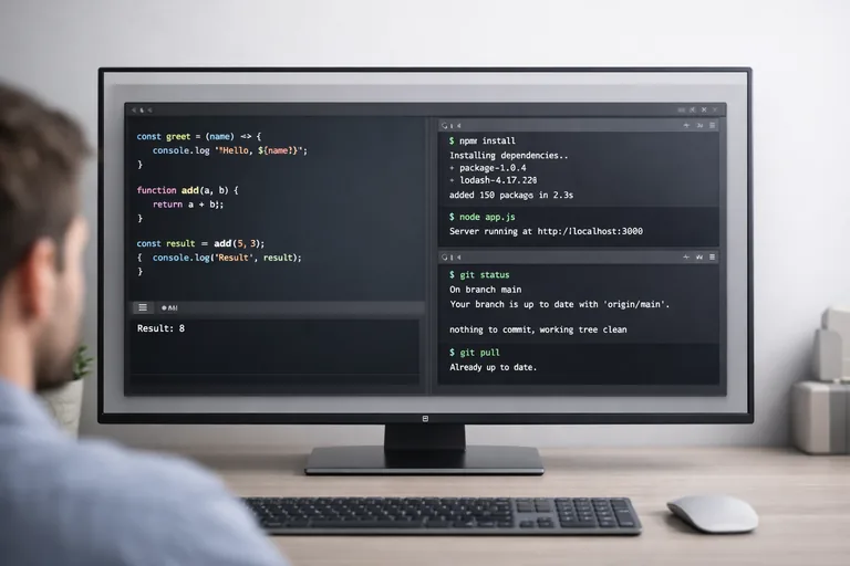 Bir geliştiricinin dizüstü bilgisayarında açık terminal, kod editörü ve çalışan JavaScript uygulaması bulunan masa düzeni