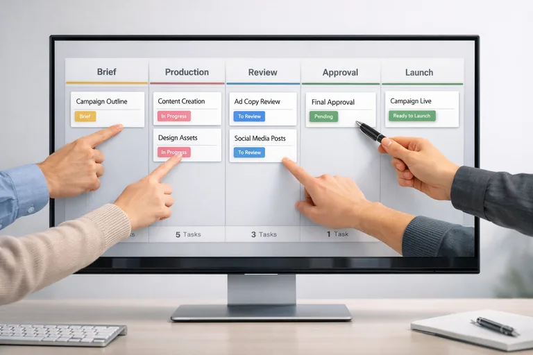 Kanban panosunda brief, üretim, kontrol ve yayına alma aşamalarını gösteren kartlar