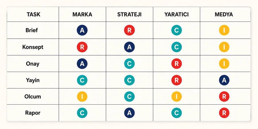 RACI matrix brief onay akışı sorumluluk tablosu RACI matrix tablosu kampanya brief onay akışı marka müdürü strateji yaratıcı medya planlama satırlar sorumluluk hücreleri