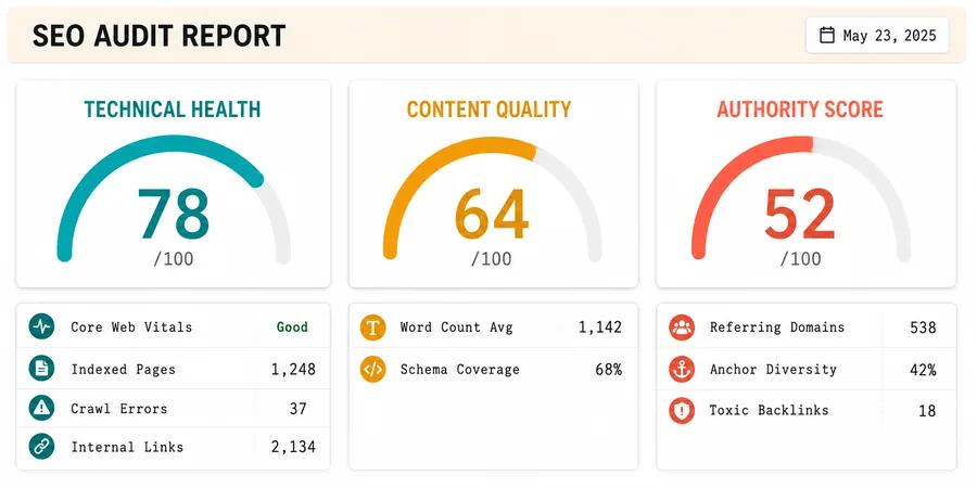 SEO denetim raporu üç ana puan ve metrik tablosu Çerçevesiz SEO denetim raporu kart mockup üç bölümde Technical Health Content Quality Authority Score puan kartı ve metrik satırlarla