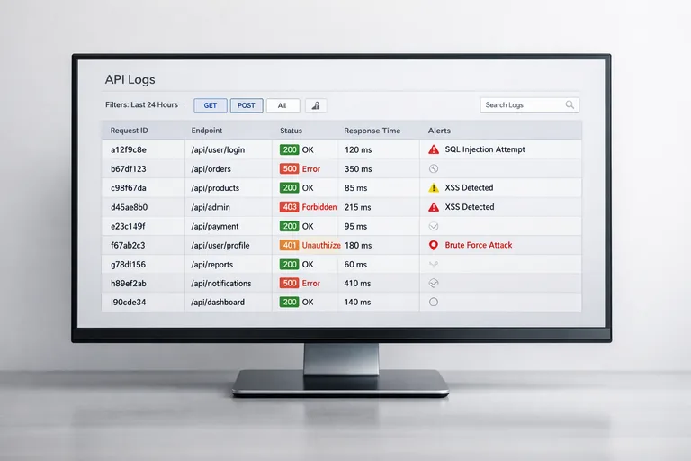 Bir monitörde API log ekranı, request id alanı, status kodları ve gecikme süreleriyle birlikte takip edilen istek listesi