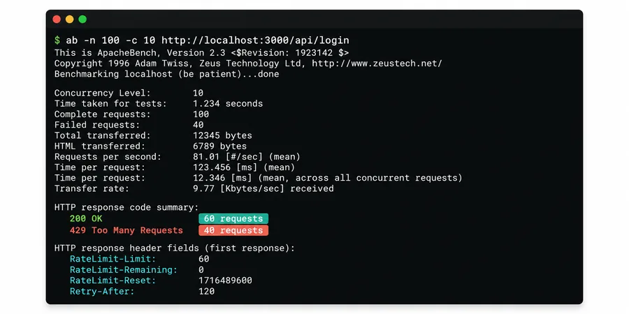 Terminal ab benchmark çıktısı 429 yanıt sayıları Terminal dark theme apache benchmark ab komutu çıktısı 200 OK ve 429 Too Many Requests yanıt sayıları RateLimit Remaining header satırları