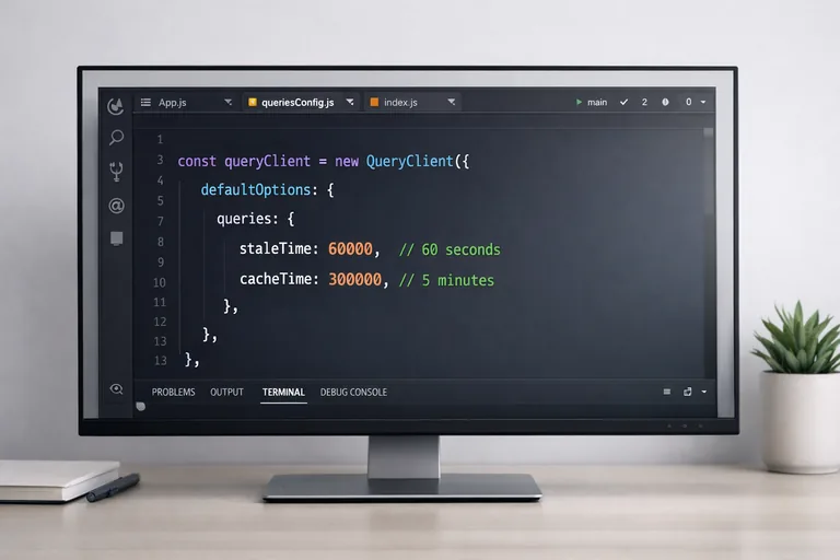 Geliştirme ekranında React Query ayar paneli, staleTime ve cacheTime değerleri vurgulanmış bir yapılandırma örneği