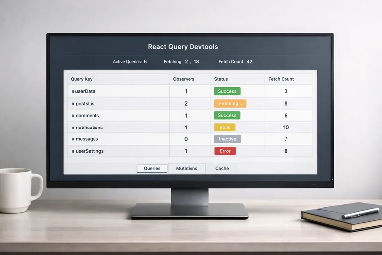 React Query Devtools panelinde aktif sorgular, fetch sayıları ve durum etiketleri görünen detaylı bir geliştirme arayüzü