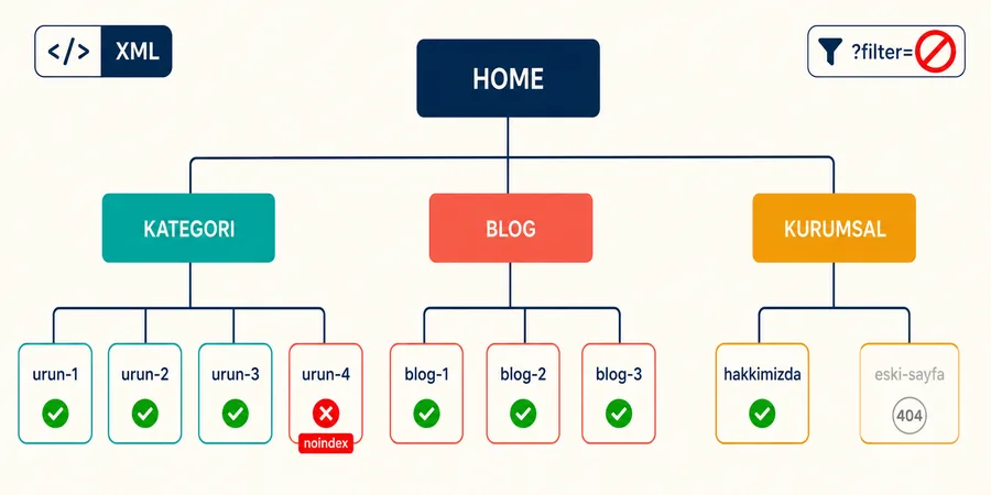 Sitemap XML ağaç hiyerarşi noindex işaretli Sitemap XML hiyerarşi ağaç diyagramı home kök altında kategori ve ürün düğümleri bazı düğümler kırmızı X ile işaretli noindex