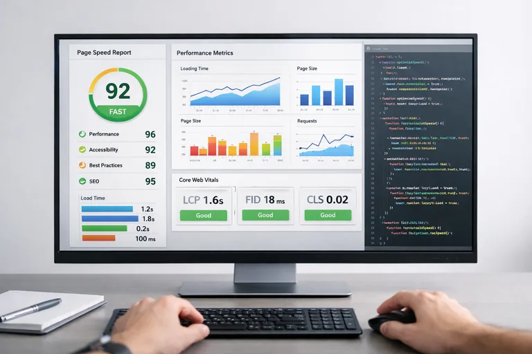 web sitesi performans metriklerini inceleyen analitik panel ve hız optimizasyonu yapan geliştirici ekranı