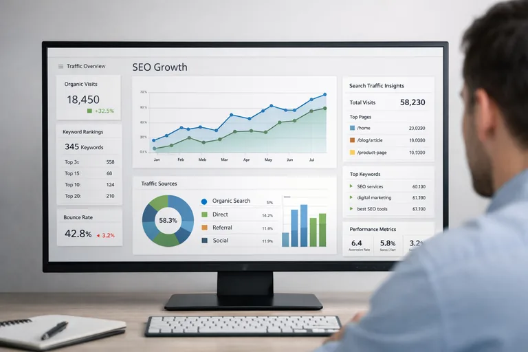 arama motoru performans raporlarını gösteren analitik dashboard üzerinde büyüme grafikleri