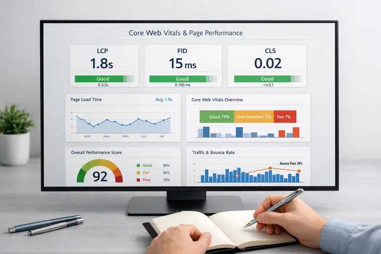Sayfa hızı metrikleri ve Core Web Vitals değerlerinin yorumlandığı bir analiz panosu görünümü