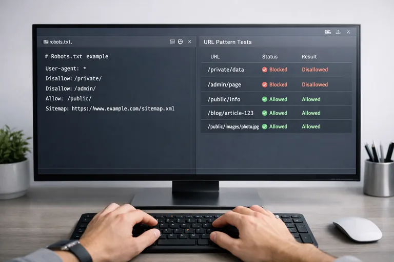 Bir geliştirici ekranında robots.txt dosyası ve test aracında URL desenlerinin engellenme sonuçları görülüyor