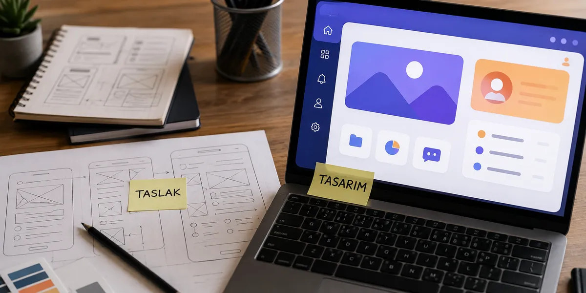 UX iskeleti kurar, UI yüzü giydirir — ikisi ayrı iş, tek amaç Masada kağıt tel çerçeve eskizleri ile ekrandaki renkli arayüz tasarımının yan yana durduğu çalışma düzeni