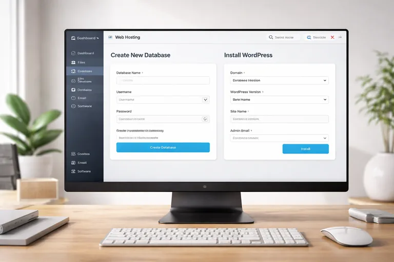 Sunucu panelinde veritabanı oluşturma ve WordPress dosyalarının yüklenmesi adımlarını gösteren teknik süreç