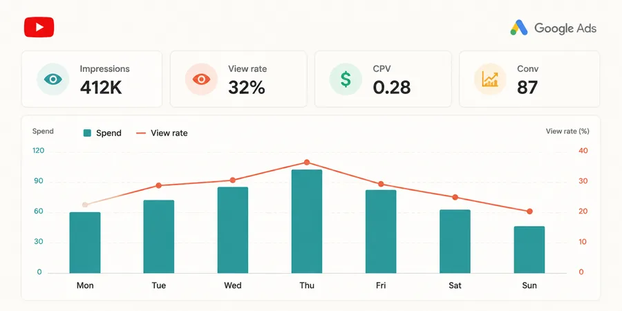 Google Ads YouTube kampanya performans dashboard CPV view rate CTR dönüşüm metrik kartları çubuk grafik paneli